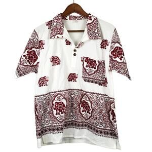 Elephant Print Cotton Blouse Top Pocket Short Sleeve Casual Cute Eclectic - 44